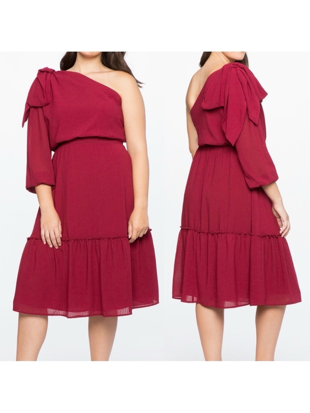 Eloquii One Shoulder Bow Detail Tiered Ruffle Midi Dress: Raspberry Red